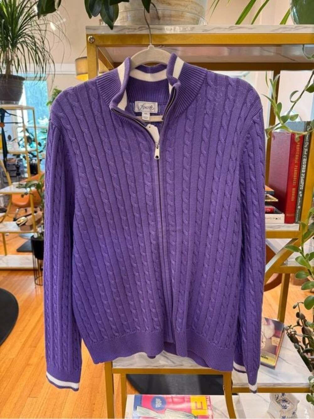 Foxcroft Lavender Cable-Knit Zip Cardigan with White Trim